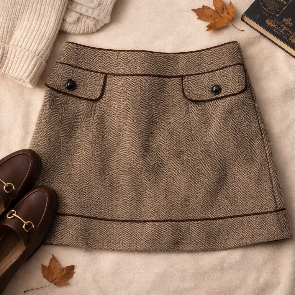 Tulle NWT Brown Herringbone Mini Skirt Large Preppy Academia - Picture 9 of 9